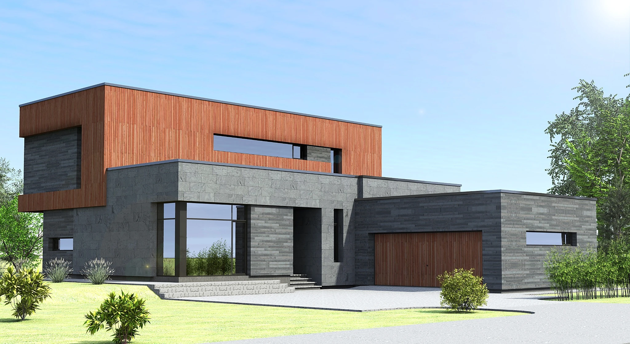 Šiuolaikinis dviejų aukštų namas – architektūrinė vizualizacija